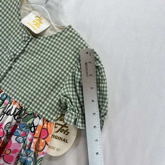 Tiny Tots Original Vintage Dress Girls Size 2T Gingham Floral Puff Sleeves Green - Picture 7 of 8